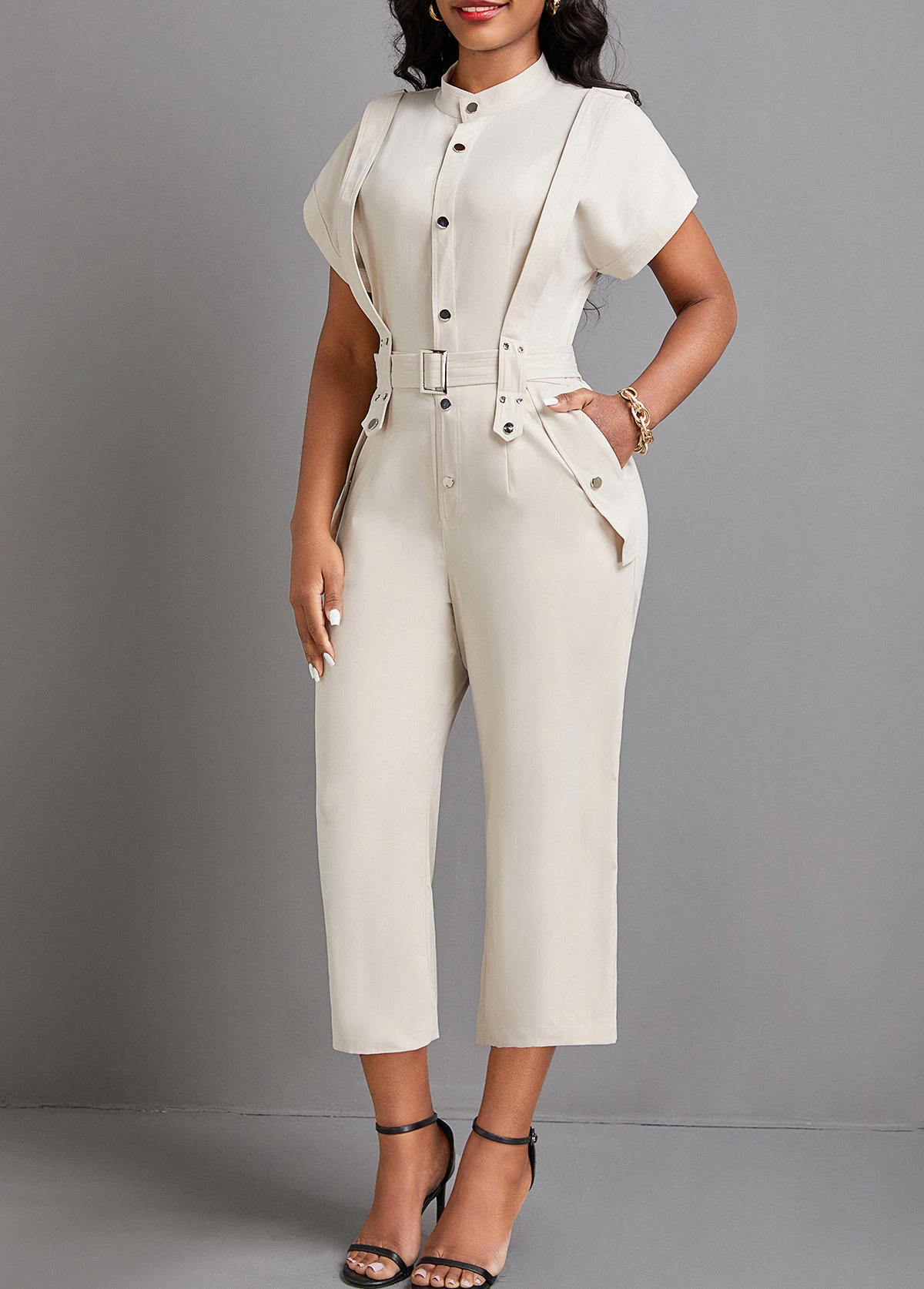 Beige Button Capri Belted Short Sleeve Jumpsuit 3 Beige Button Capri Belted Short Sleeve Jumpsuit - Image 3