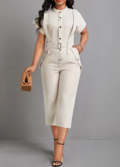 Beige Button Capri Belted Short Sleeve Jumpsuit