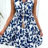 Navy Ruched Leaf Print A Line Dress