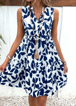 Navy Ruched Leaf Print A Line Dress
