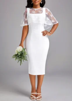 White Half Sleeve Round Neck Bodycon Dress -Elegance Swimwear Store 332321 P 16859653977343