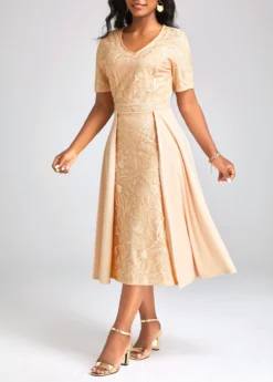 Champagne Patchwork Short Sleeve V Neck Dress -Elegance Swimwear Store 332364 P 16873113472662