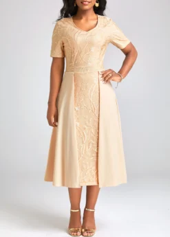 Champagne Patchwork Short Sleeve V Neck Dress -Elegance Swimwear Store 332364 P 16873113478393