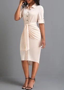 Beige Button Short Sleeve Shirt Collar Bodycon Dress -Elegance Swimwear Store 332434 P 16860500464602