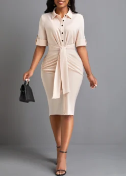 Beige Button Short Sleeve Shirt Collar Bodycon Dress -Elegance Swimwear Store 332434 P 16860500468823
