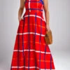 Red Pocket Plus Size Plaid Sleeveless Maxi Dress
