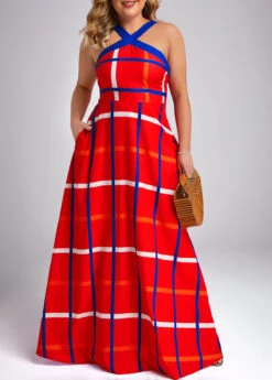 Red Pocket Plus Size Plaid Sleeveless Maxi Dress