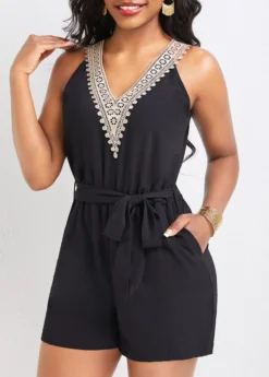 Black Patchwork Short Belted Sleeveless V Neck Romper 9 Black Patchwork Short Belted Sleeveless V Neck Romper -Elegance Swimwear Store 332583 P 16848244481614