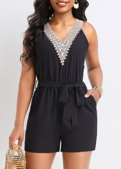 Black Patchwork Short Belted Sleeveless V Neck Romper