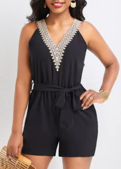 Black Patchwork Short Belted Sleeveless V Neck Romper 8 Black Patchwork Short Belted Sleeveless V Neck Romper -Elegance Swimwear Store 332583 P 16848244489963