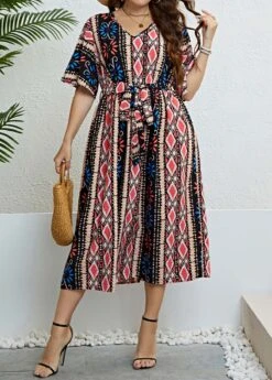 Multi Color Tie Plus Size Belted Dress