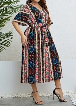 Multi Color Tie Plus Size Belted Dress -Elegance Swimwear Store 332614 P 1684215502705