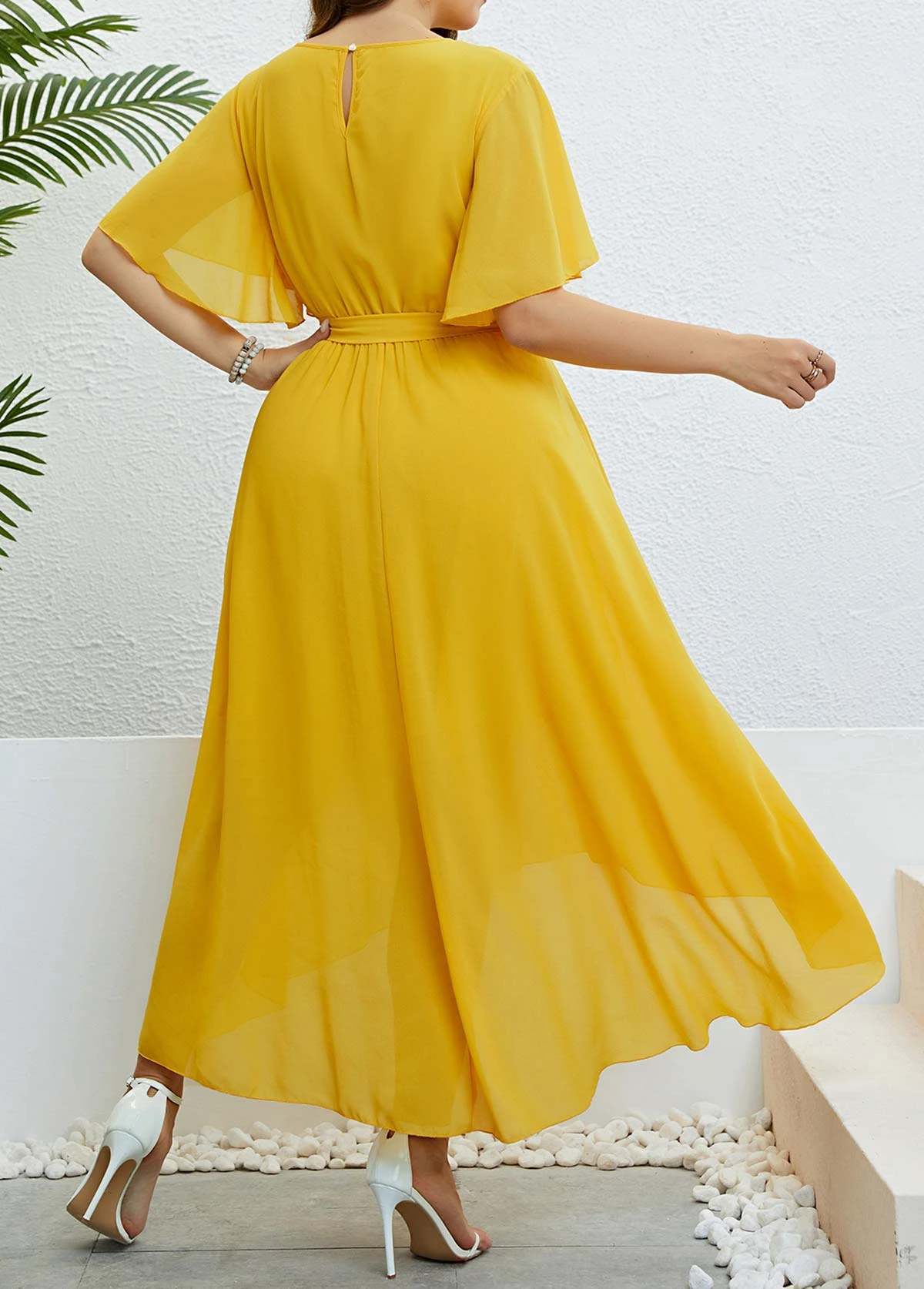 Yellow Button Plus Size Belted High Low Dress 2 Yellow Button Plus Size Belted High Low Dress - Image 2