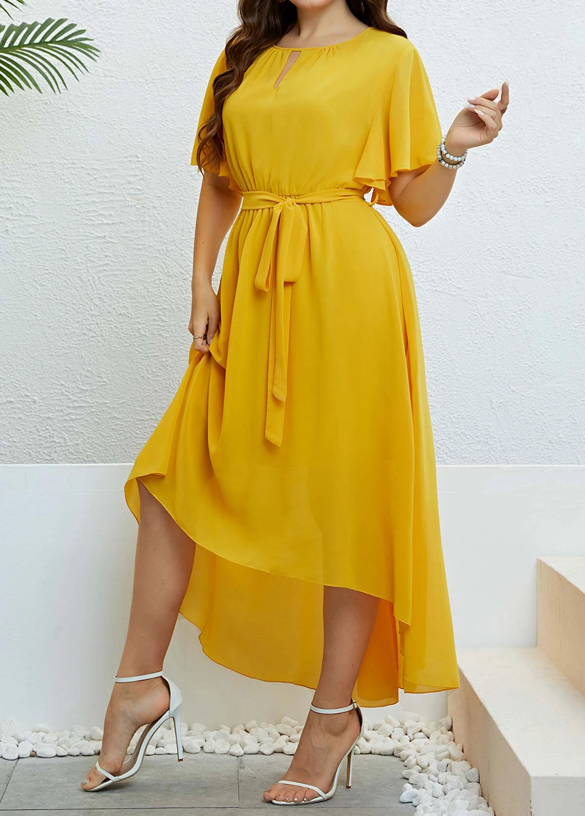 Yellow Button Plus Size Belted High Low Dress 3 Yellow Button Plus Size Belted High Low Dress - Image 3