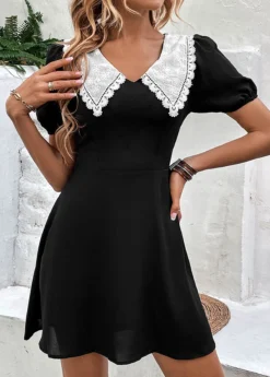 Black Lace Short A Line V Neck Dress