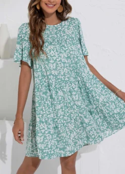 Mint Green Ruched Ditsy Floral Print Dress -Elegance Swimwear Store 332700 P 1682401185698