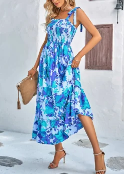 Sky Blue Smocked Floral Print Strappy Maxi Dress -Elegance Swimwear Store 332706 P 1682401339424