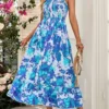Sky Blue Smocked Floral Print Strappy Maxi Dress