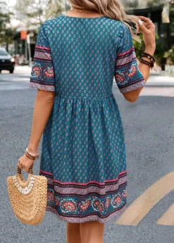 Turquoise Ruched Paisley Print A Line Dress -Elegance Swimwear Store 332719 P 16844733266261