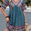 Turquoise Ruched Paisley Print A Line Dress