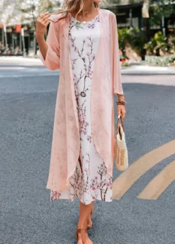 Pink Two Piece Floral Print Maxi Dress And Cardigan -Elegance Swimwear Store 332724 P 16844734861815