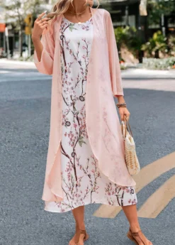 Pink Two Piece Floral Print Maxi Dress And Cardigan -Elegance Swimwear Store 332724 P 16844734862242