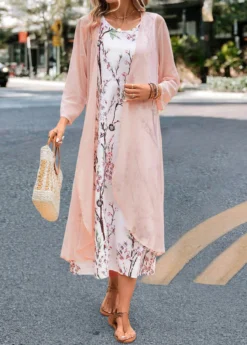 Pink Two Piece Floral Print Maxi Dress And Cardigan -Elegance Swimwear Store 332724 P 16844734867874