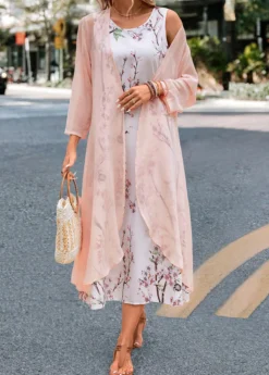 Pink Two Piece Floral Print Maxi Dress And Cardigan