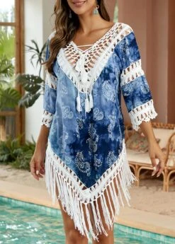 Patchwork Tie Dye Print Blue Cover Up -Elegance Swimwear Store 332732 P 16848252166955