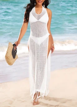 Mesh White Tassel High Slit Cover Up Dress 7 Mesh White Tassel High Slit Cover Up Dress -Elegance Swimwear Store 332891 P 16838046450463