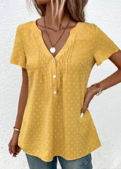 Plus Size Light Yellow Jacquard Short Sleeve Blouse -Elegance Swimwear Store 333042 P 16866398822403