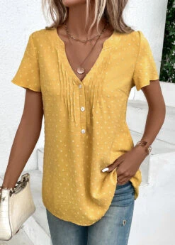 Plus Size Light Yellow Jacquard Short Sleeve Blouse -Elegance Swimwear Store 333042 P 16866398822844