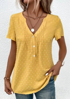 Plus Size Light Yellow Jacquard Short Sleeve Blouse -Elegance Swimwear Store 333042 P 16866398824562