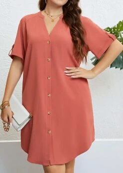 Coral Button Plus Size Short Sleeve Blouse