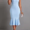 Zipper Light Blue Strappy Bodycon Dress