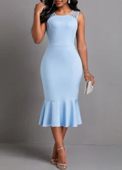Zipper Light Blue Strappy Bodycon Dress