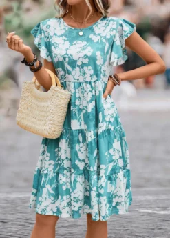 Blue Ruffle Floral Print Short Sleeve Dress -Elegance Swimwear Store 333073 P 16843932220996