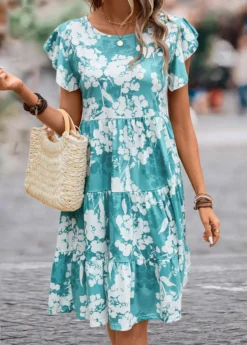 Blue Ruffle Floral Print Short Sleeve Dress -Elegance Swimwear Store 333073 P 16843932225812