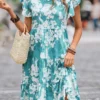 Blue Ruffle Floral Print Short Sleeve Dress