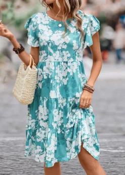Blue Ruffle Floral Print Short Sleeve Dress -Elegance Swimwear Store 333073 P 16843932229633