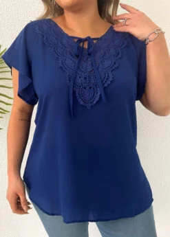 Dark Blue Lace Plus Size T Shirt -Elegance Swimwear Store 333145 P 16855281276213