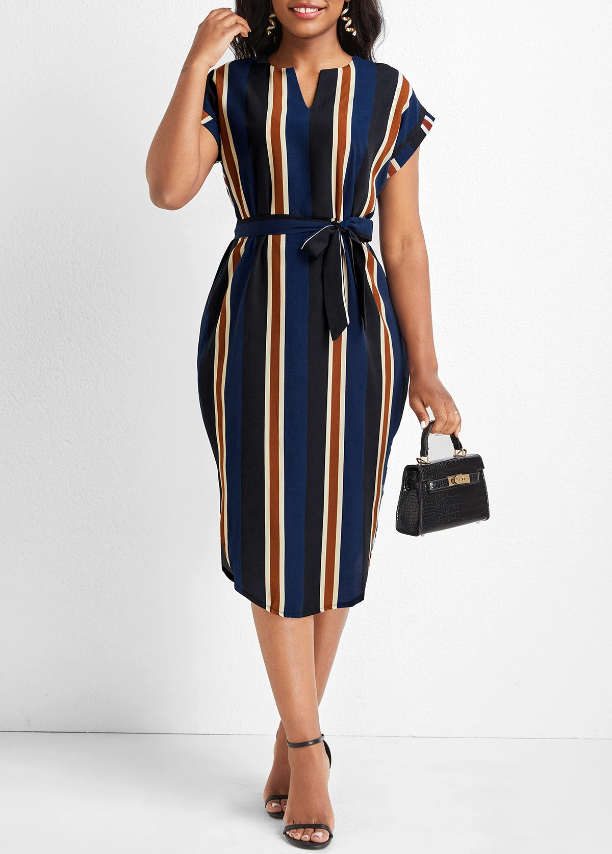 Multi Color Split Striped Belted Dress 1 Multi Color Split Striped Belted Dress