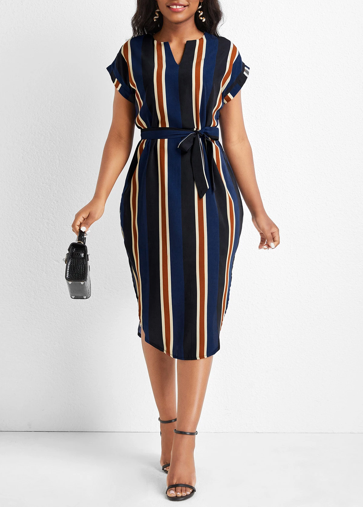 Multi Color Split Striped Belted Dress 4 Multi Color Split Striped Belted Dress - Image 4
