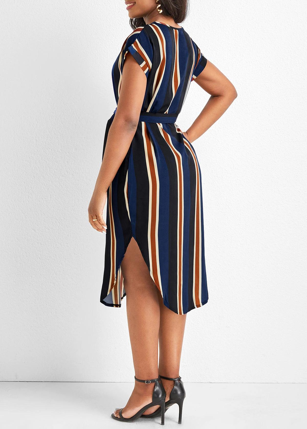 Multi Color Split Striped Belted Dress 2 Multi Color Split Striped Belted Dress - Image 2
