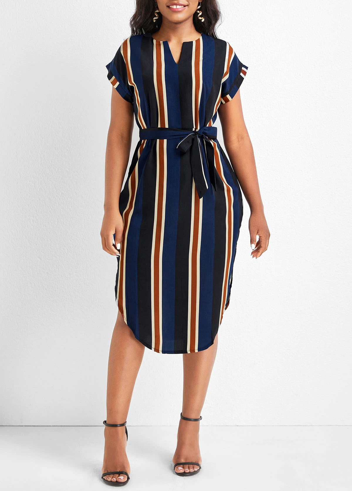 Multi Color Split Striped Belted Dress 5 Multi Color Split Striped Belted Dress - Image 5