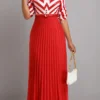 Red Button Geometric Print Belted Maxi Dress
