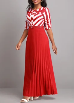 Red Button Geometric Print Belted Maxi Dress -Elegance Swimwear Store 333165 P 16831997717182