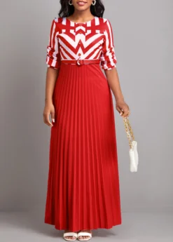 Red Button Geometric Print Belted Maxi Dress -Elegance Swimwear Store 333165 P 16831997718193