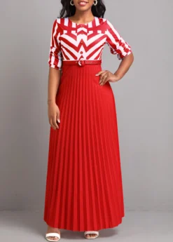 Red Button Geometric Print Belted Maxi Dress -Elegance Swimwear Store 333165 P 16831997726534