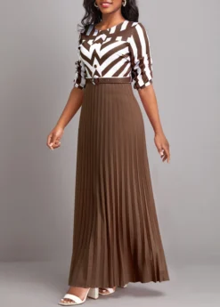 Dark Coffee Button Geometric Print Belted Maxi Dress -Elegance Swimwear Store 333167 P 16831997692072